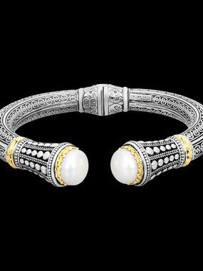Konstantino 925 Silver 18K Gold Clas Cultured Pearl Bangle Bracelet Size 6.5"